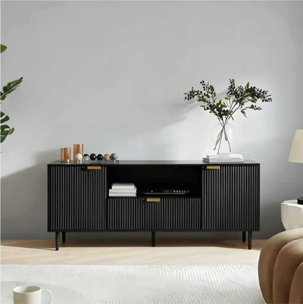 MODERN BLACK TV STAND WITH GROOVED DOOR DESIGN_2.webp