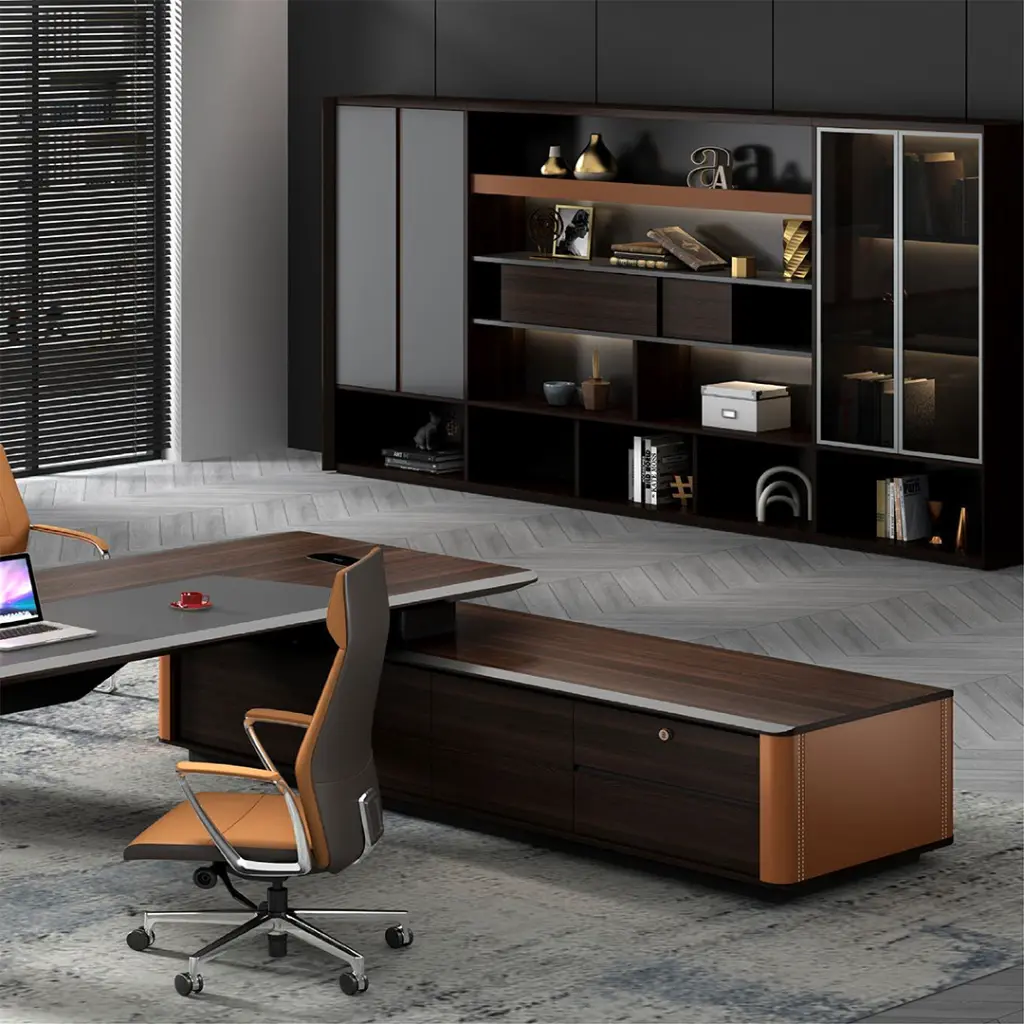 MODERN LEFT-RIGHT DIVIDED E1 MDF STORAGE EXECUTIVE DESK WITH SIDE CABINET - KNIGHT SERIES_3.webp