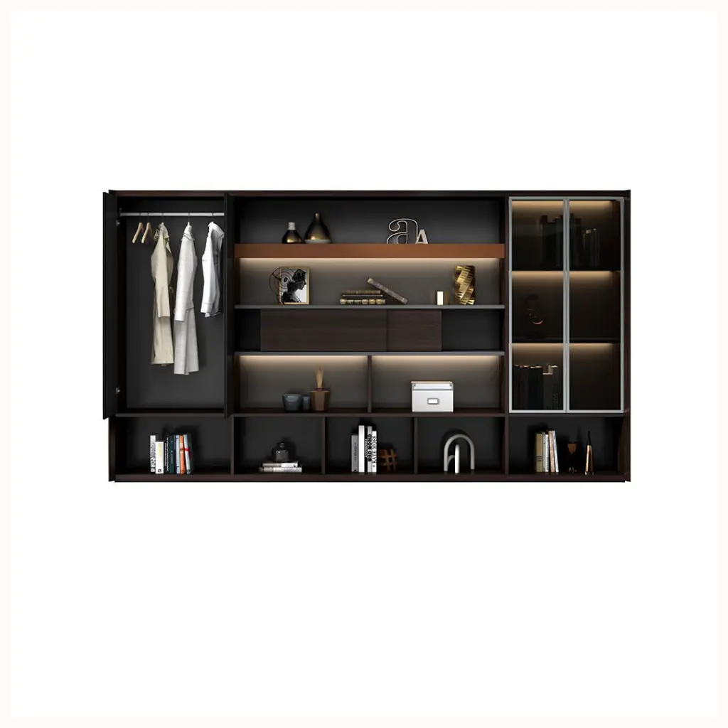 MODERN SLIDING GLASS DOOR MDF FILE STORAGE CABINET WITH LED LIGHTING AND CLOTHES RAIL - KNIGHT SERIES_1.webp