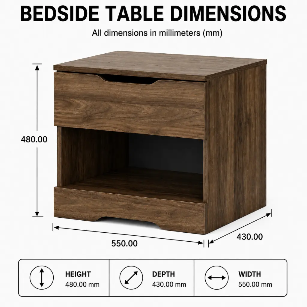 MODERN MINIMAL WALNUT VENEER BEDSIDE TABLE WITH SINGLE DRAWER AND OPEN SHELF.webp