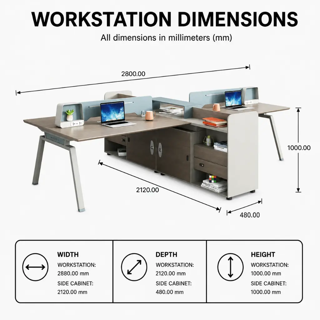 MODULAR WORKSTATION FOR 4 PEOPLE WITH INWARD UTILITY CABINETS & DRAWERS - GH SERIES.webp