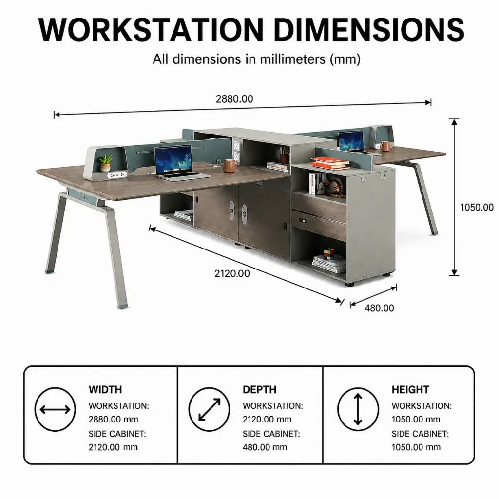 FOUR-PERSON WORKSTATION WITH SIDE CABINET IN MORANDI GRAY & SAPPHIRE BLUE - GH SERIES.webp