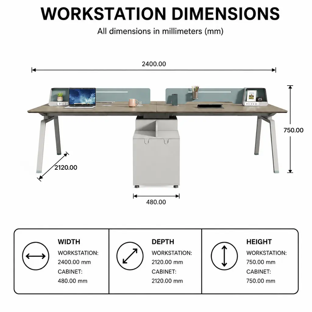 MODERN 4-PERSON WORKSTATION TABLE WITH INTEGRATED MAGIC BOX AND SIDE CABINET IN MIDDLE - GH SERIES.webp