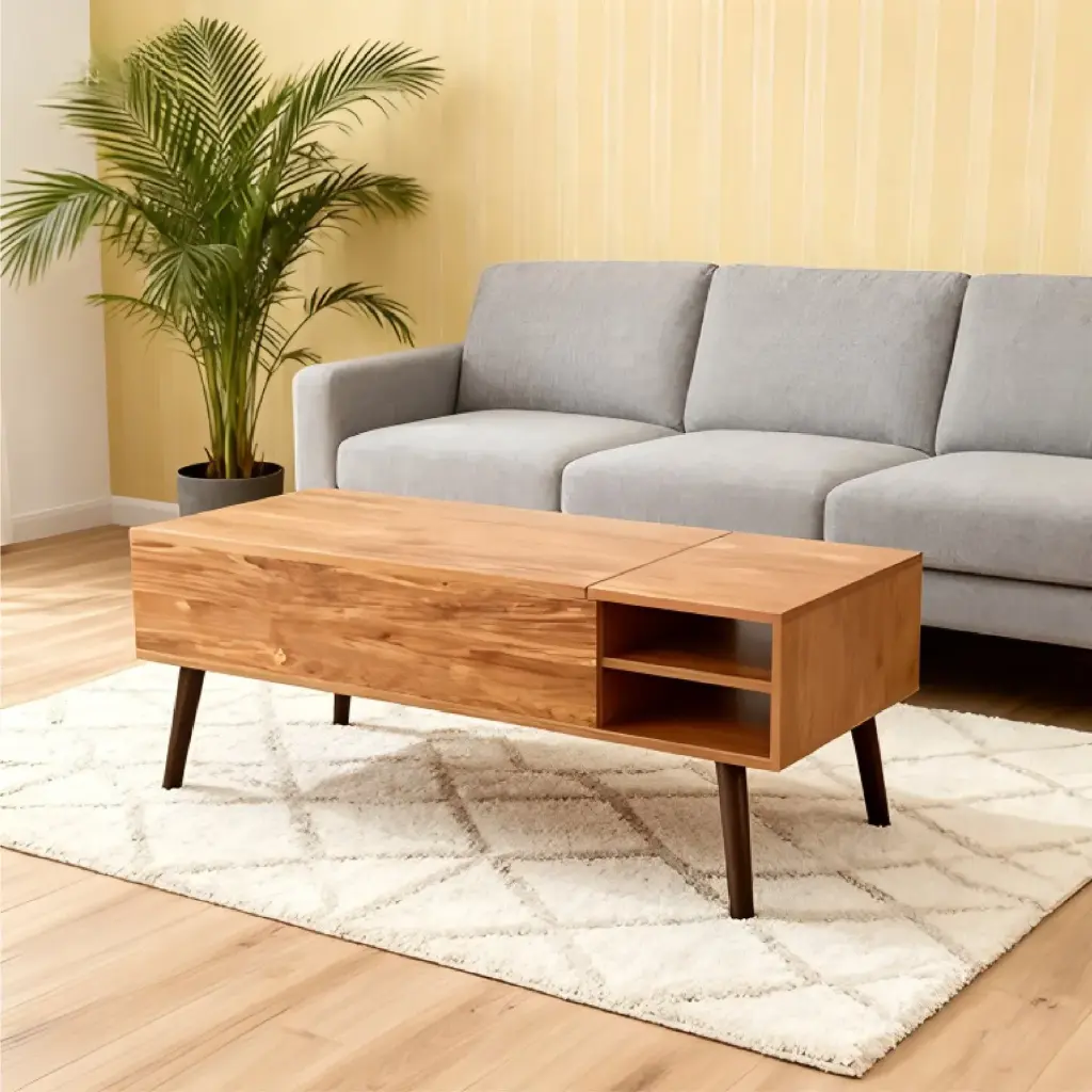 MID CENTURY WOOD COFFEE TABLE WITH EXTENDABLE TOP AND DRAWER