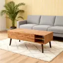 MID CENTURY WOOD COFFEE TABLE WITH EXTENDABLE TOP AND DRAWER