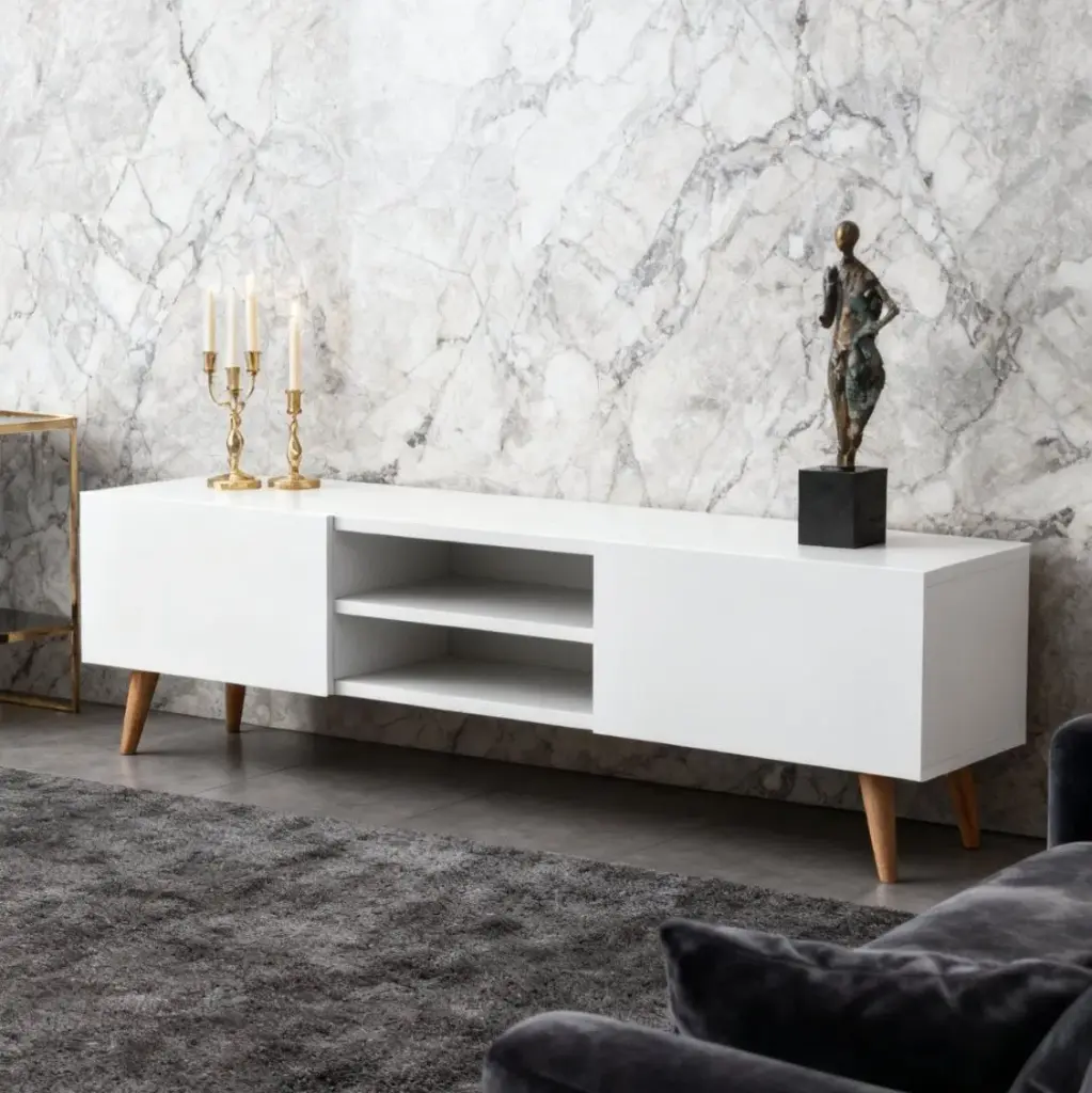 WHITE TV STAND ENTERTAINMENT CENTER WITH STORAGE CABINETS TV CONSOLE