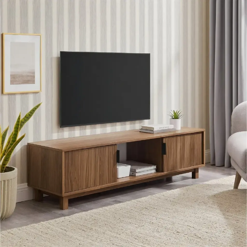 MODERN MEDIEVAL TV STAND WITH LATTICE DOOR DESIGN & METAL HANDLES STURDY WOODEN SUPPORT