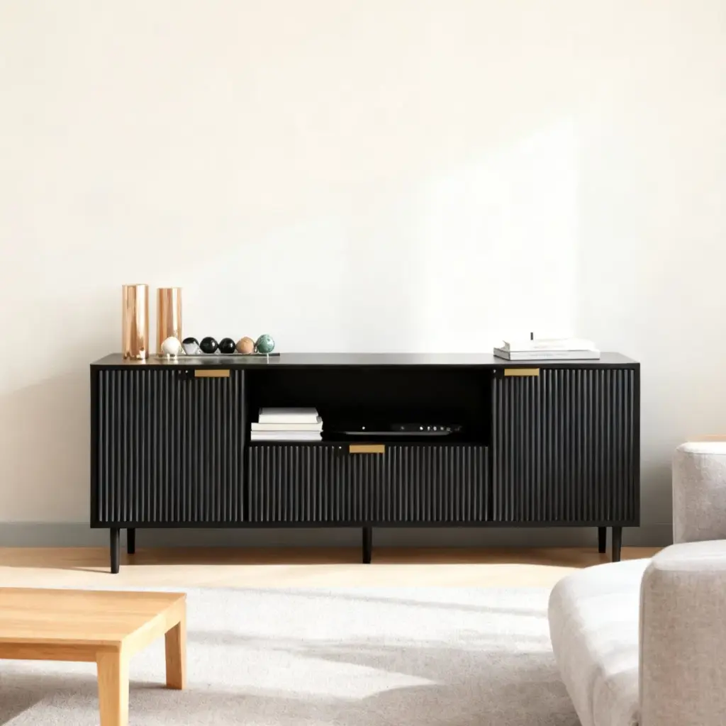 MODERN BLACK TV STAND WITH GROOVED DOOR DESIGN