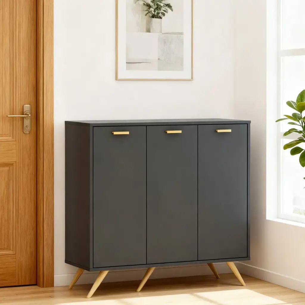 MINIMALIST BLACK SHOE CABINET & SHOE SHELF WITH HIDDEN STORAGE, METAL HANDLES AND LEGS SUPPORT
