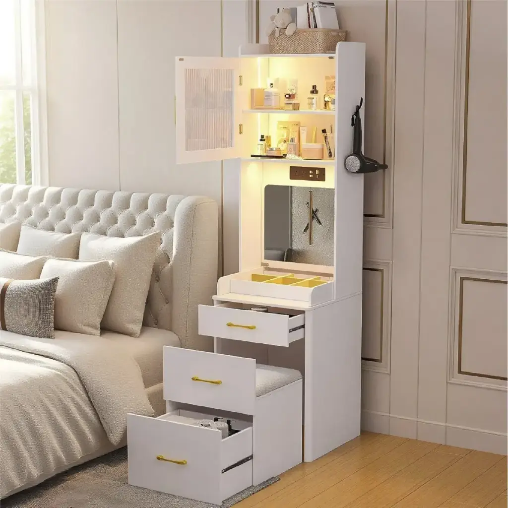 3 IN 1 BEDSIDE TABLE NIGHTSTAND WITH CHAIR LED ADJUSTABLE LAMP AND CHARGING STATION