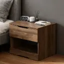 MODERN MINIMAL WALNUT VENEER BEDSIDE TABLE WITH SINGLE DRAWER AND OPEN SHELF