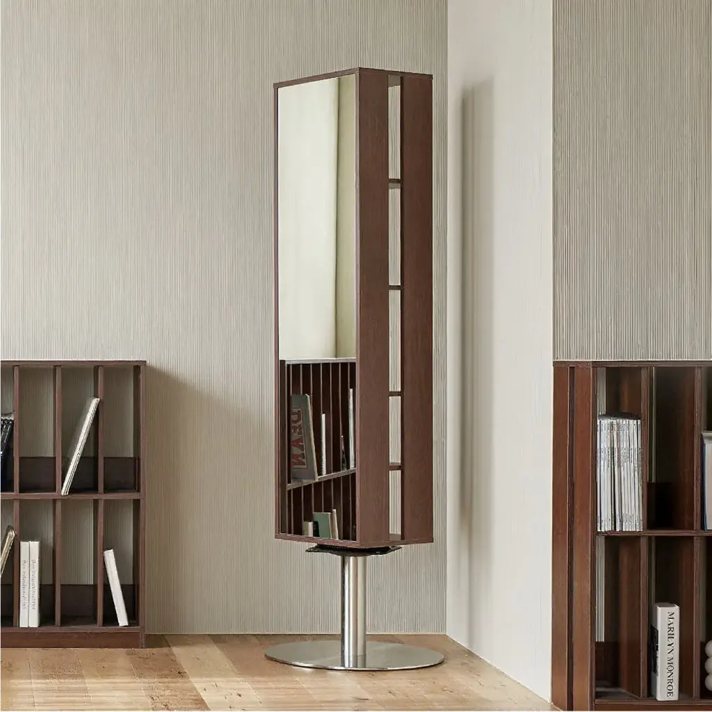 MULTI FUNCTIONAL ROTATING WOODEN BOOKSHELF WITH BUILT IN MIRROR