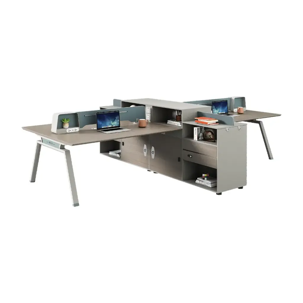 FOUR-PERSON WORKSTATION WITH SIDE CABINET IN MORANDI GRAY & SAPPHIRE BLUE - GH SERIES 