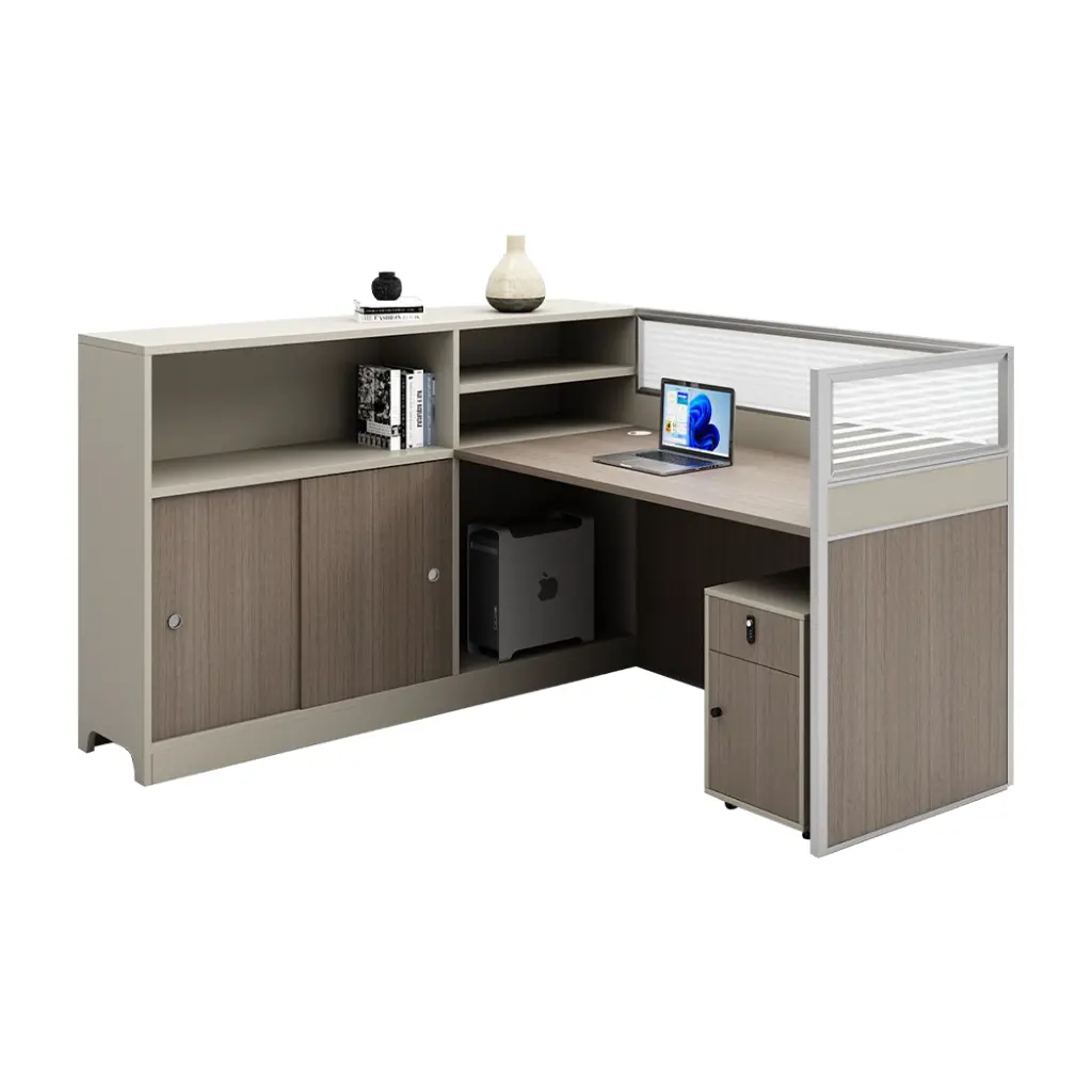 L-SHAPED 2 PERSON WORKSTATION WITH STORAGE AND GLASS PARTITION - GH SERIES 