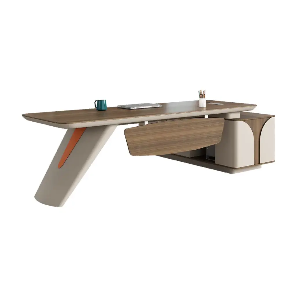 MODERN ANGLED LEG ALUMINUM ALLOY EXECUTIVE DESK WITH EXTENDED STORAGE CABINET AND CABLE MANAGEMENT - GH SERIES 