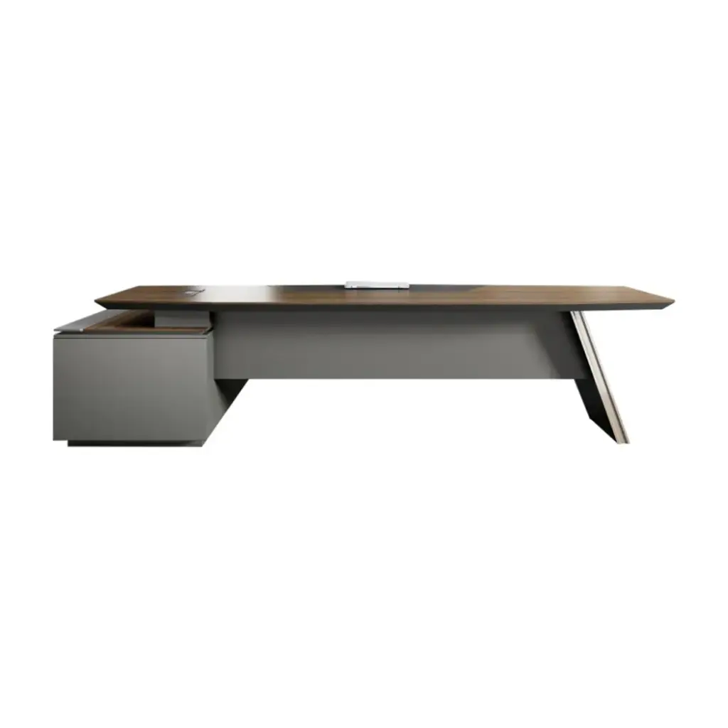 MODERN ANGLED-LEG EXECUTIVE DESK WITH BRUSHED IRON GRAY FINISH AND ADVANCED CABLE MANAGEMENT - GH SERIES