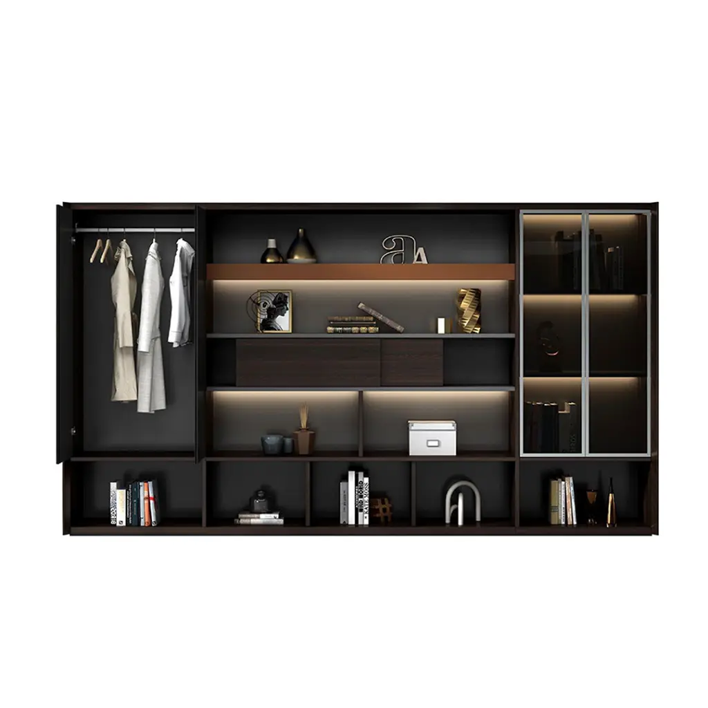 MODERN SLIDING GLASS DOOR MDF FILE STORAGE CABINET WITH LED LIGHTING AND CLOTHES RAIL - KNIGHT SERIES