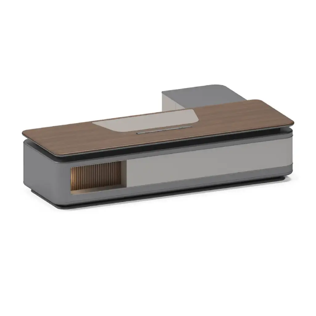 GRAND MODERN LEFT/RIGHT DIVIDED WALNUT EXECUTIVE DESK WITH PRO CABLE HUB - PHANTOM SERIES 