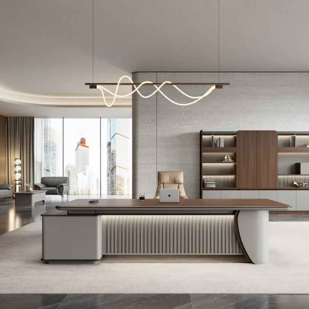 LARGE MODERN LEFT/RIGHT DIVIDED WALNUT EXECUTIVE DESK WITH VOICE CONTROLLED LIGHT STRIP - PHANTOM SERIES 