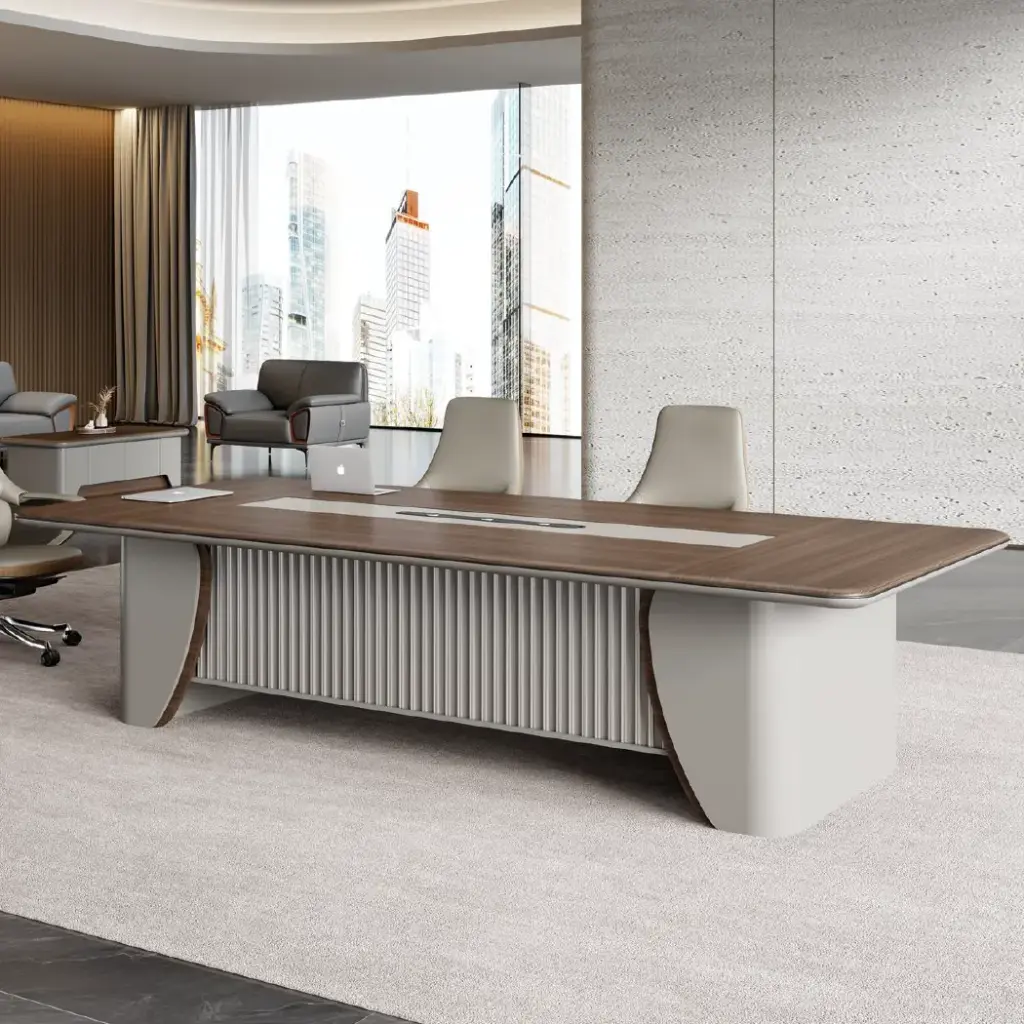GRAND MODERN WALNUT EXECUTIVE CONFERENCE DESK WITH ADVANCED MULTI-FUNCTIONAL CABLE HUB - PHANTOM SERIES