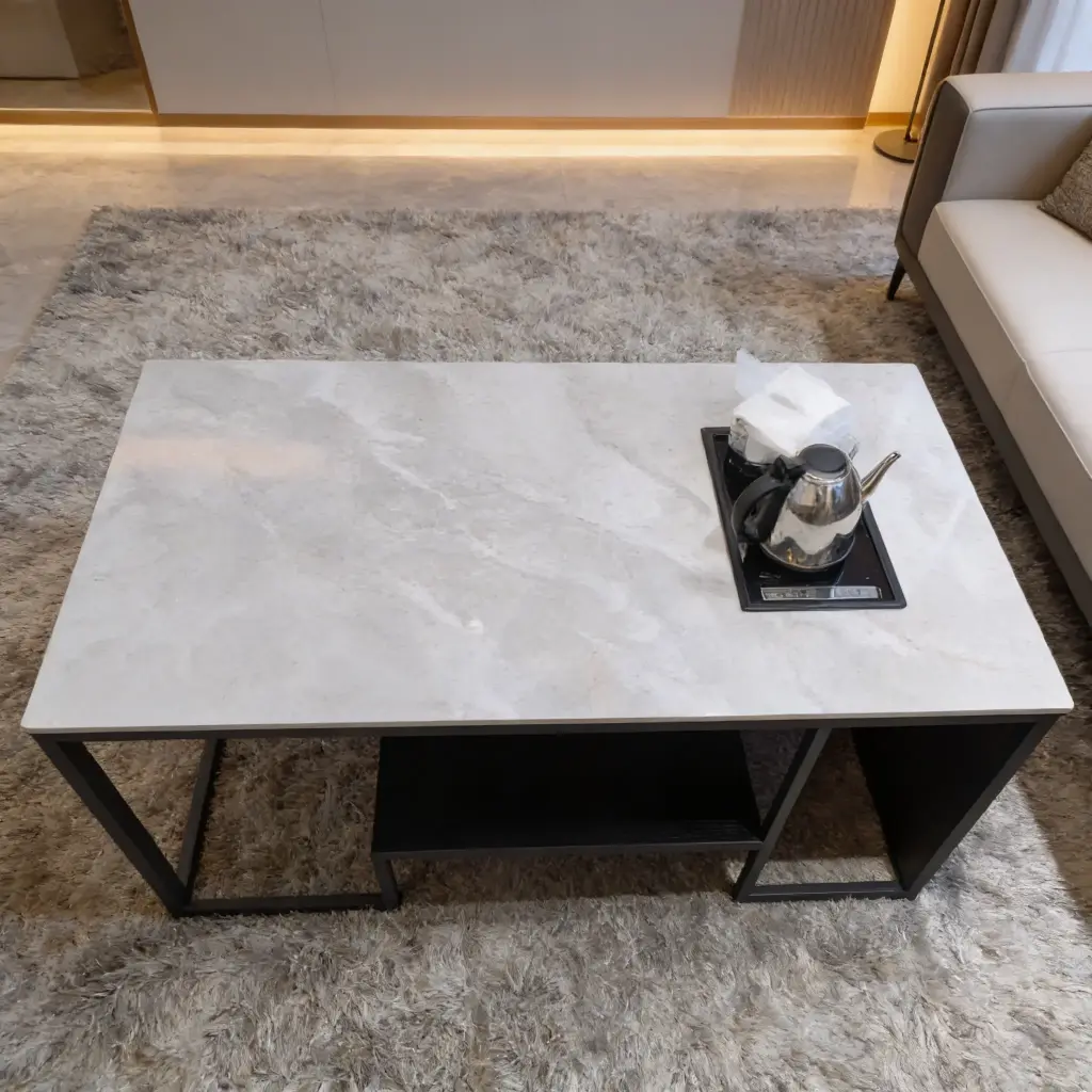 White Marble Top Coffee Table with Black Metal Frame