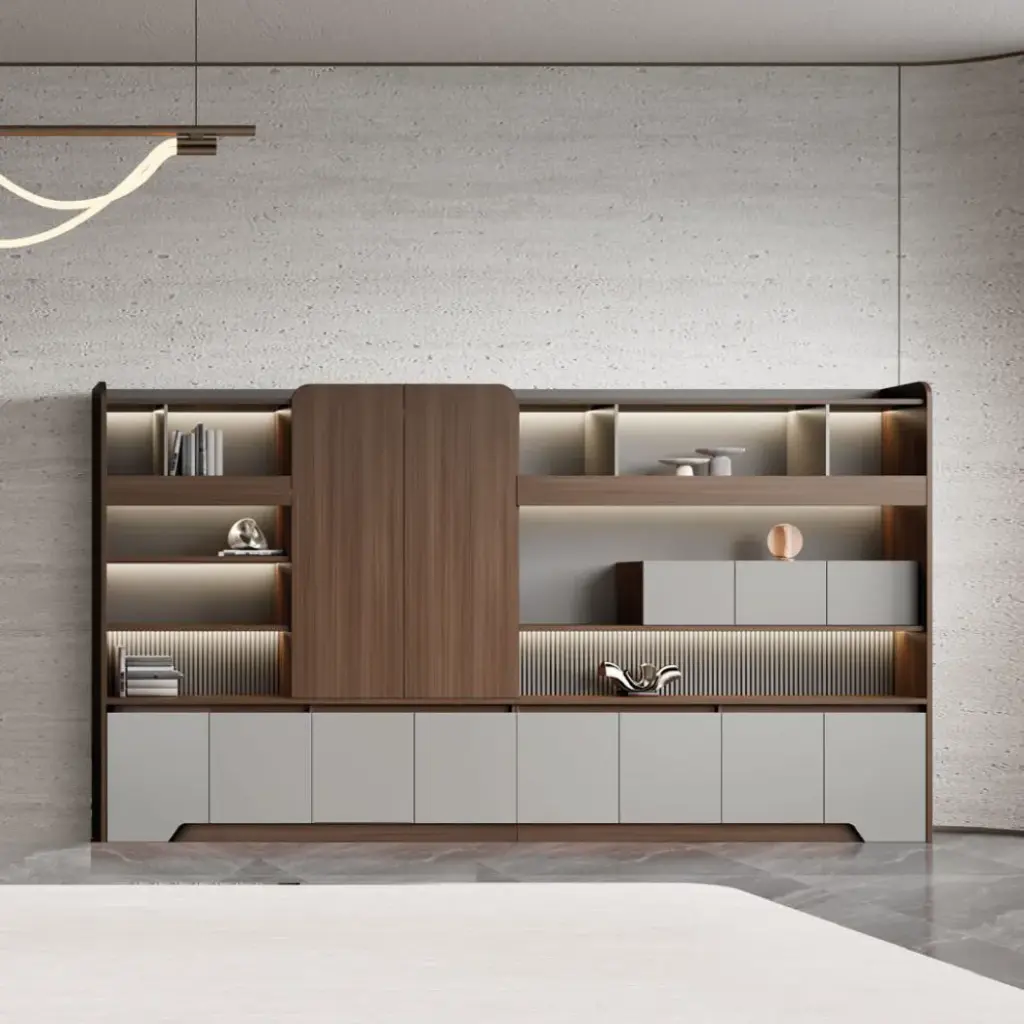 MODERN FULL HEIGHT WALNUT STORAGE FILE CABINET WITH VOICE-CONTROLLED LIGHTING – PHANTOM SERIES