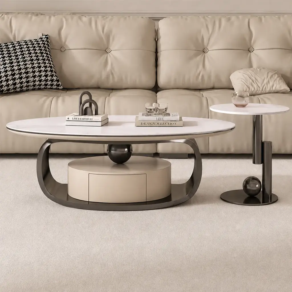 Marble Round Coffee Table with Crescent Arc Pedestal