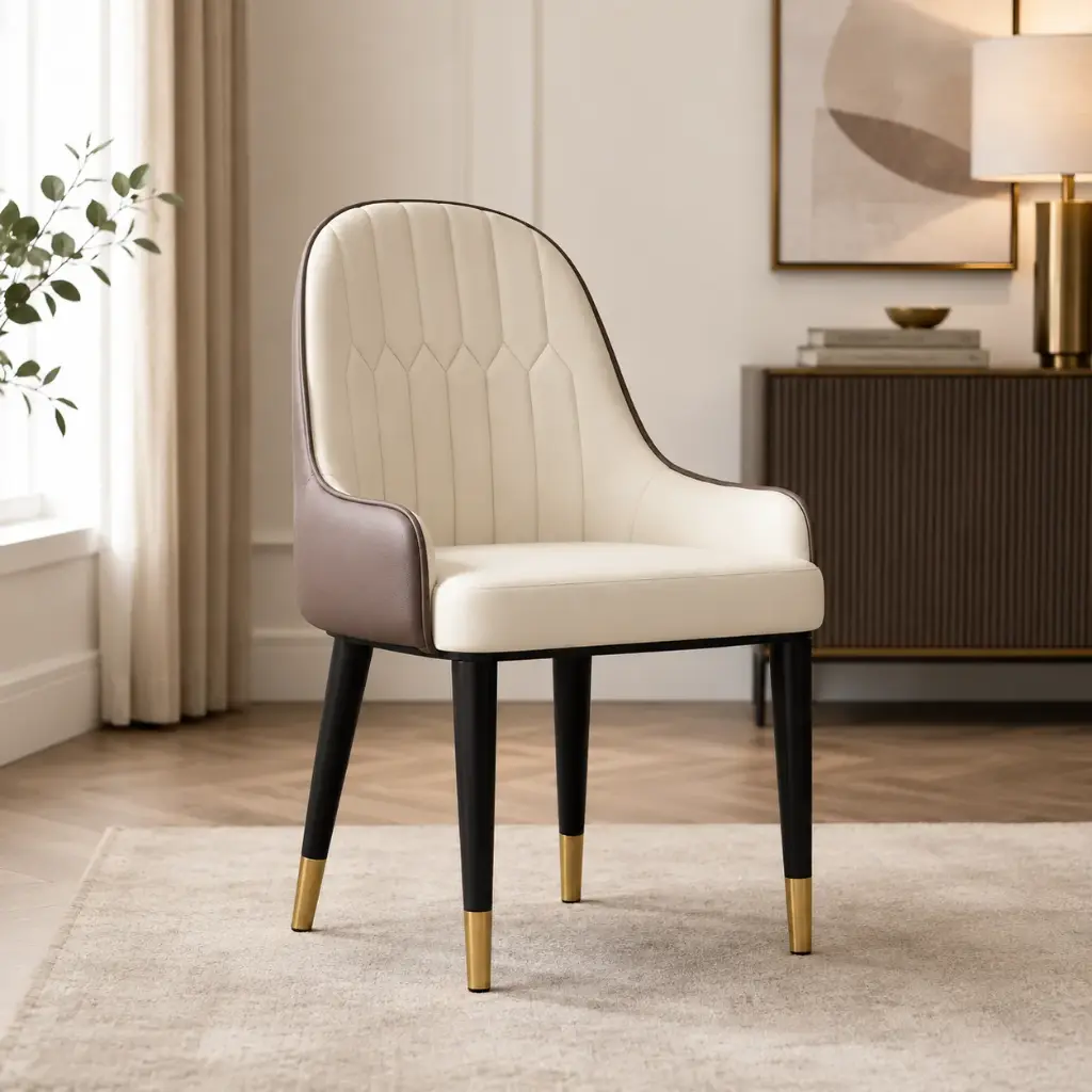 Cream Tall-Back Chair with Walnut Sides & Gold-Tip Legs