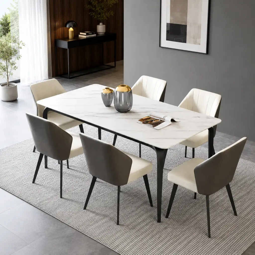 White Marble Rectangular Table with Slim Black Legs
