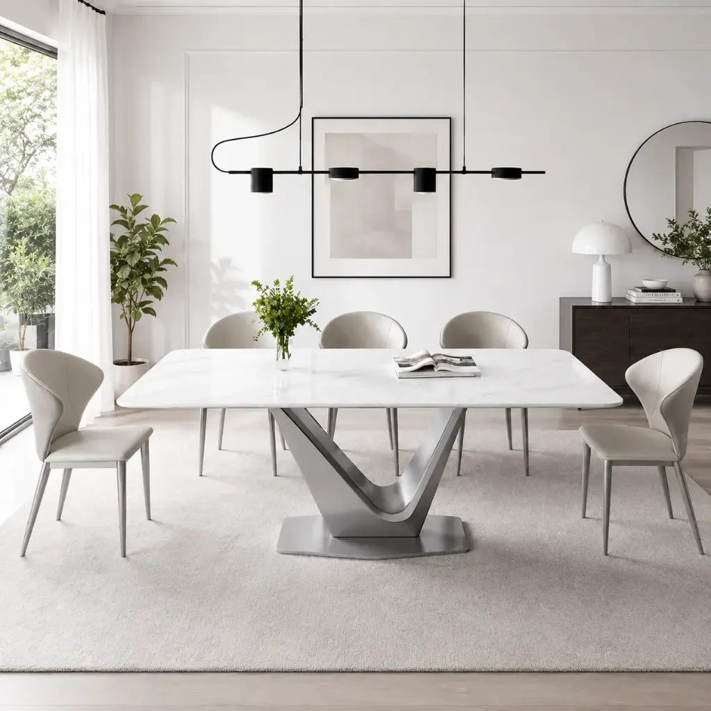 White Stone Table with V-Wing Sculptural Base