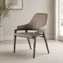 Taupe Upholstered Arm Dining Chair on Dark Wood Frame