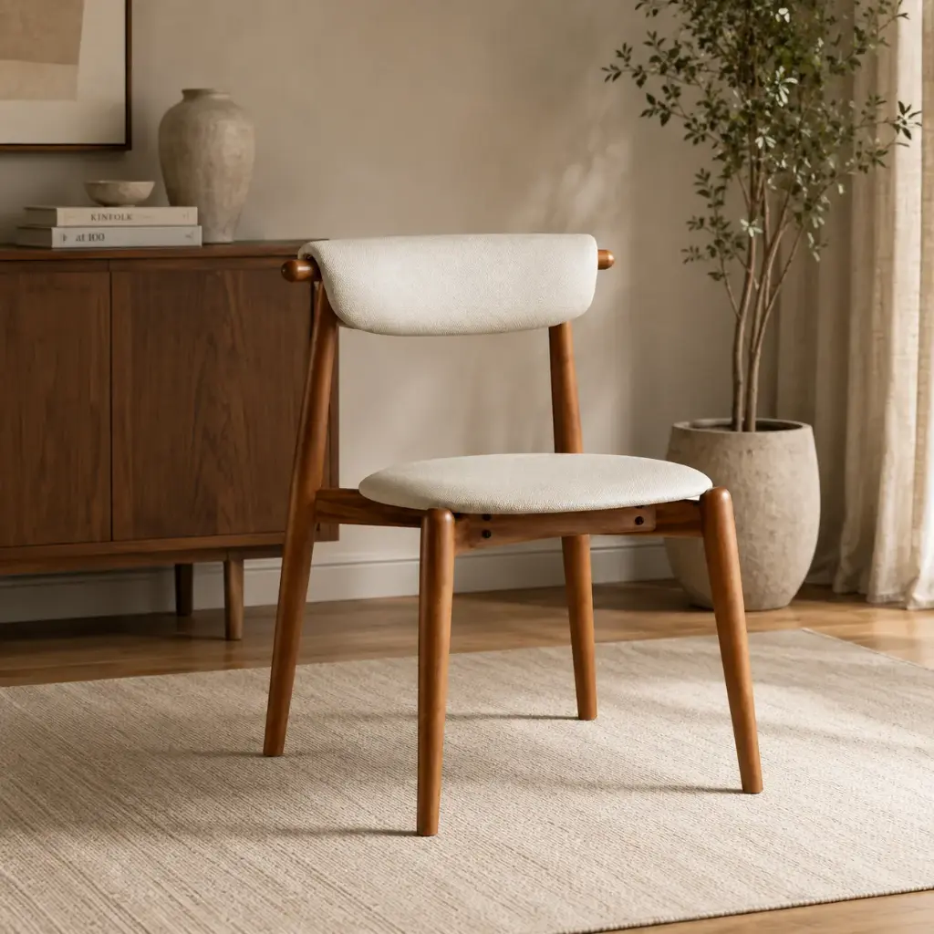 Cream Japandi Upholstered Chair on Walnut Frame