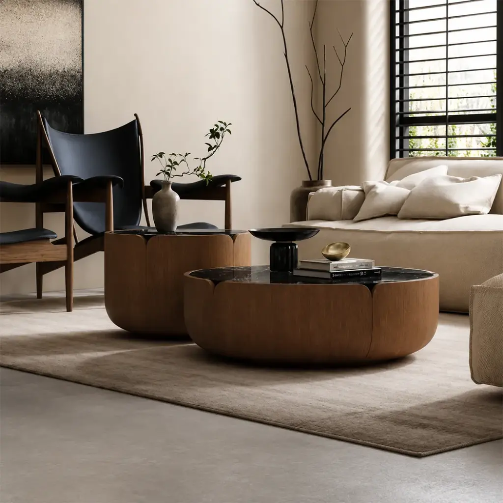 Walnut Nesting Drum Coffee Table Set