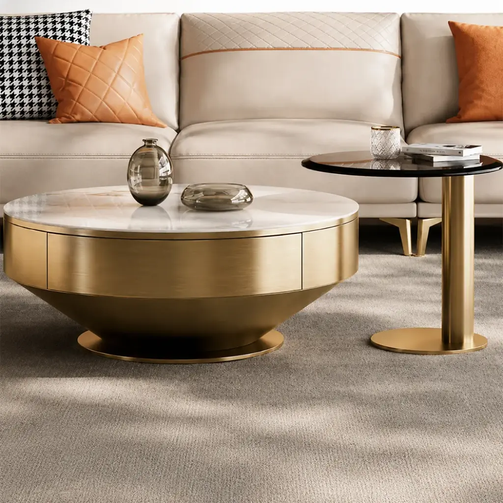 Brushed Gold Drum Pedestal Coffee Table