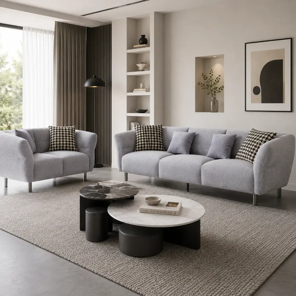 Mist Grey Barrel-Arm MCM Sofa