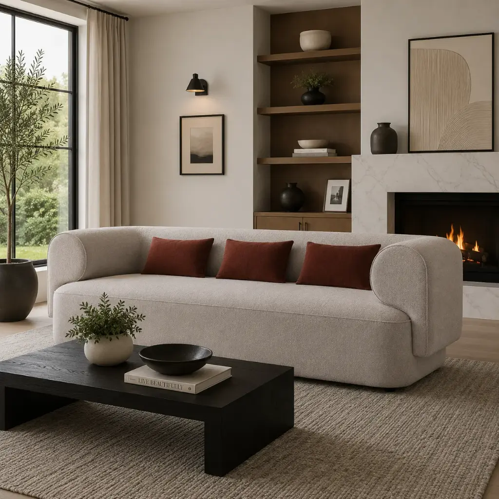 Cream Roll-Arm Contemporary Sofa