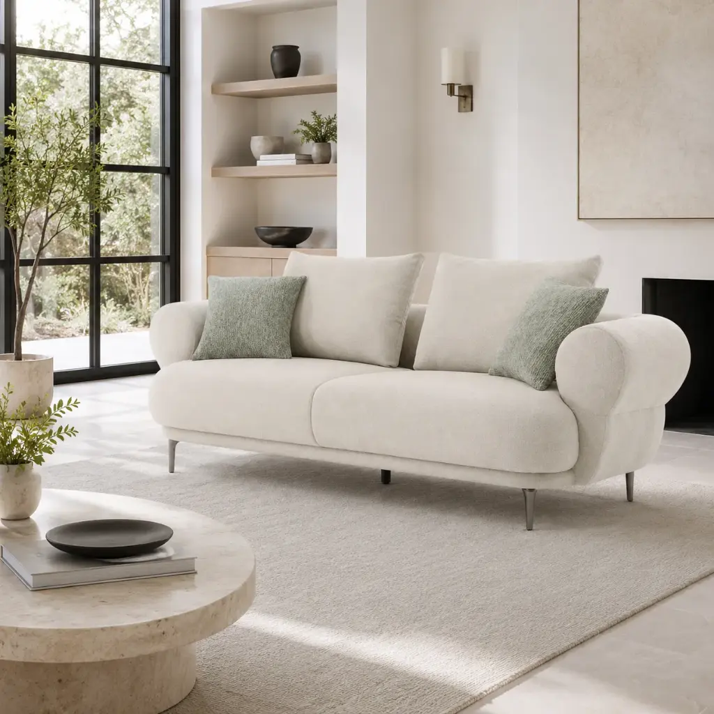 Pearl Scroll-Arm Sofa on Silver Legs