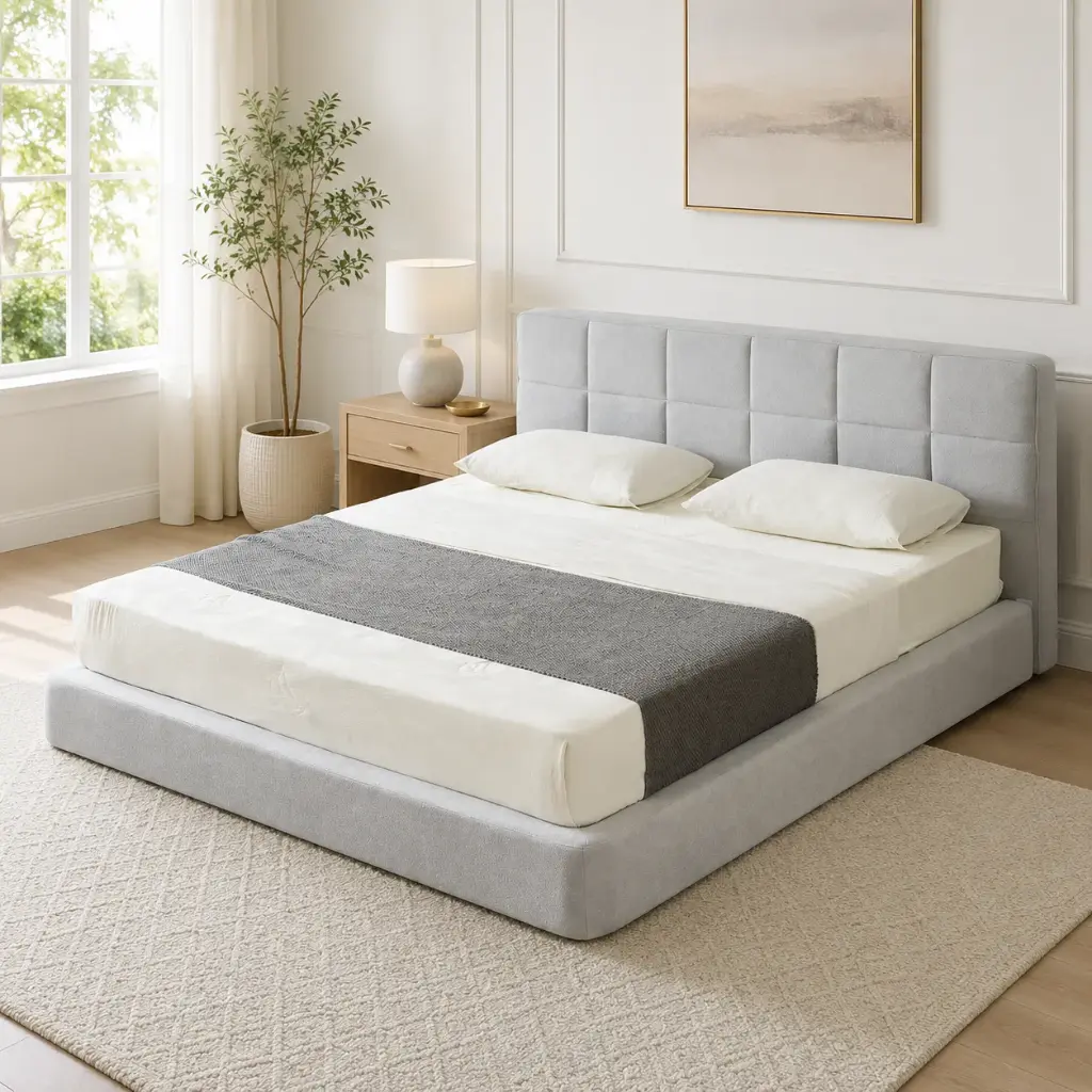 Silver Panel-Grid Upholstered Platform Bed